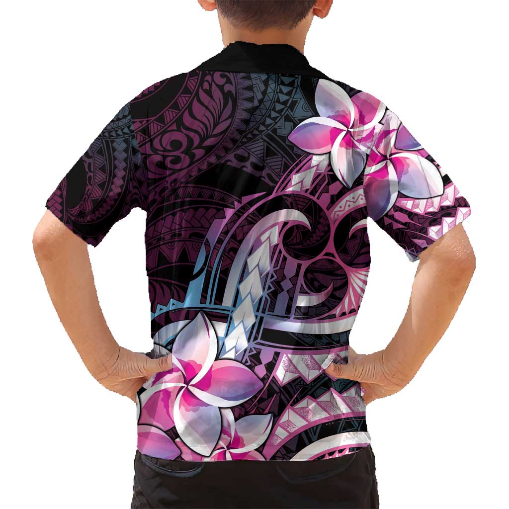 Polynesian Art Tattoo Family Matching Off Shoulder Maxi Dress and Hawaiian Shirt Plumeria Flowers Pink Gradient LT05 - Polynesian Pride