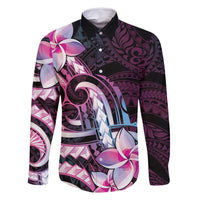 Polynesian Art Tattoo Family Matching Off Shoulder Maxi Dress and Hawaiian Shirt Plumeria Flowers Pink Gradient LT05 Dad's Shirt - Long Sleeve Pink - Polynesian Pride