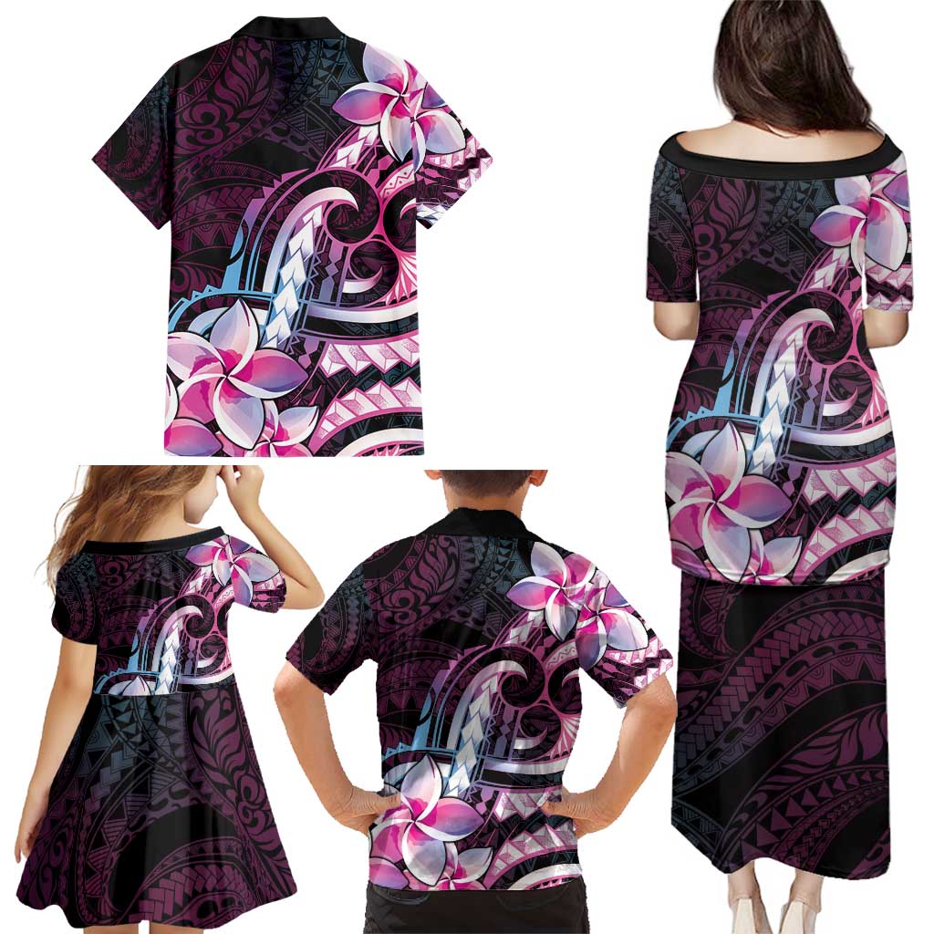 Polynesian Art Tattoo Family Matching Puletasi and Hawaiian Shirt Plumeria Flowers Pink Gradient