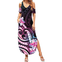 Polynesian Art Tattoo Family Matching Summer Maxi Dress and Hawaiian Shirt Plumeria Flowers Pink Gradient