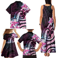 Polynesian Art Tattoo Family Matching Tank Maxi Dress and Hawaiian Shirt Plumeria Flowers Pink Gradient