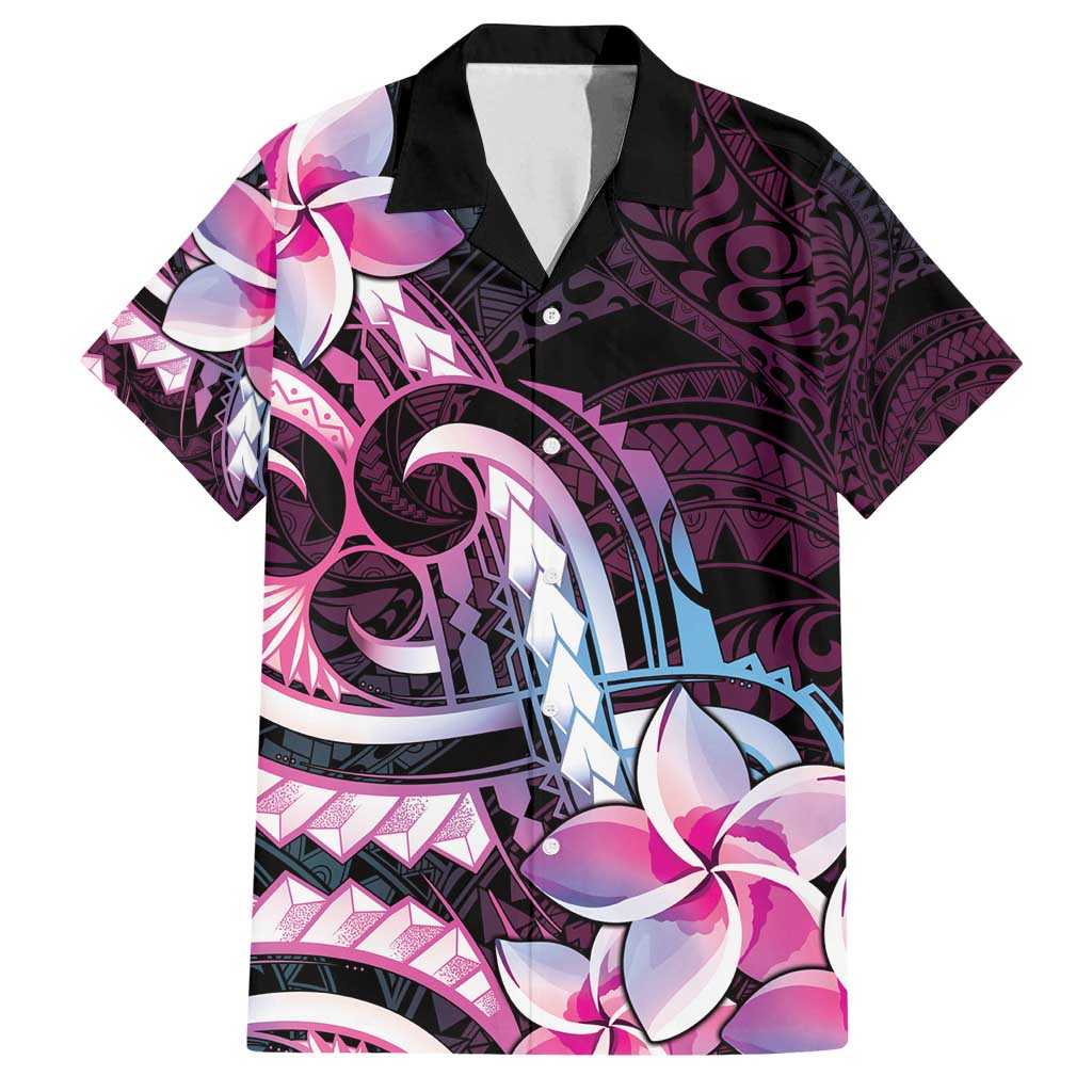 Polynesian Art Tattoo Family Matching Tank Maxi Dress and Hawaiian Shirt Plumeria Flowers Pink Gradient