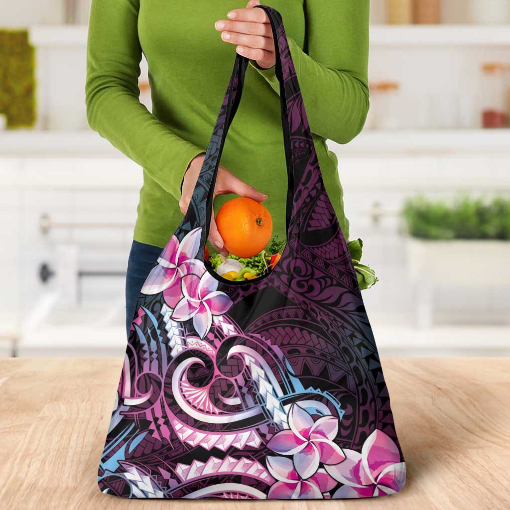 Polynesian Art Tattoo Grocery Bag Plumeria Flowers Pink Gradient