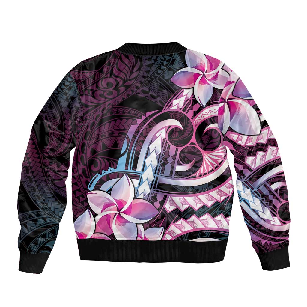 Polynesian Art Tattoo Sleeve Zip Bomber Jacket Plumeria Flowers Pink Gradient LT05 - Polynesian Pride