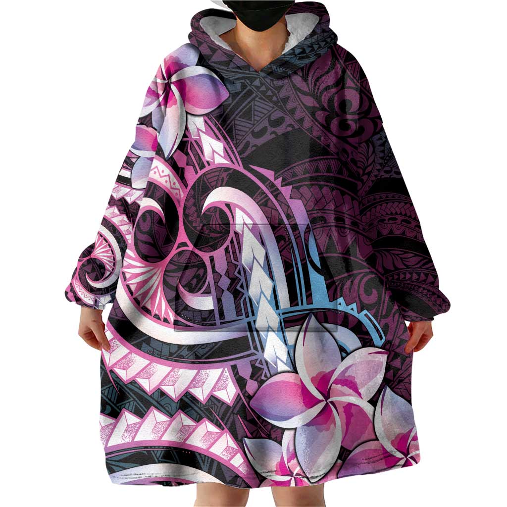 Polynesian Art Tattoo Wearable Blanket Hoodie Plumeria Flowers Pink Gradient