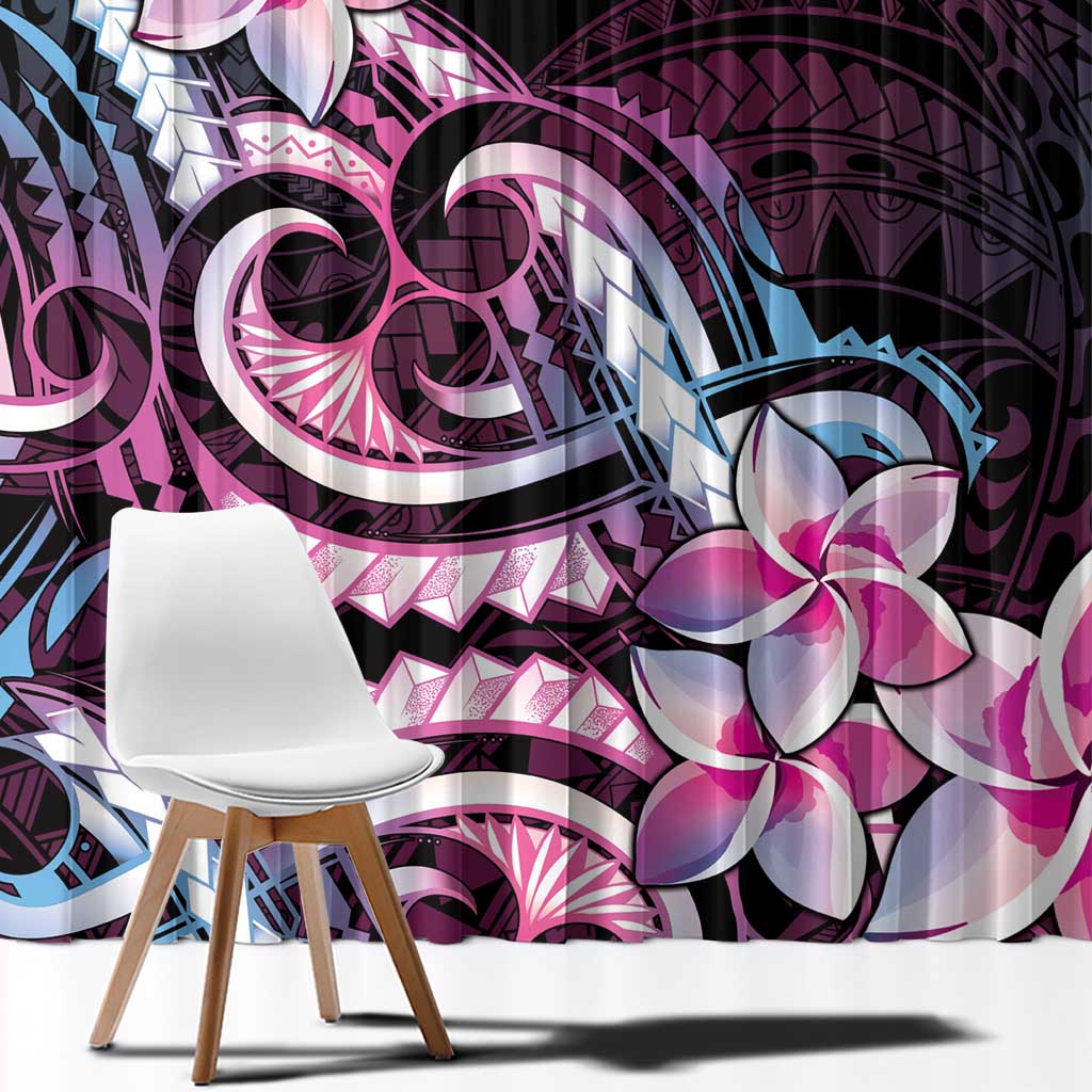 Polynesian Art Tattoo Window Curtain Plumeria Flowers Pink Gradient