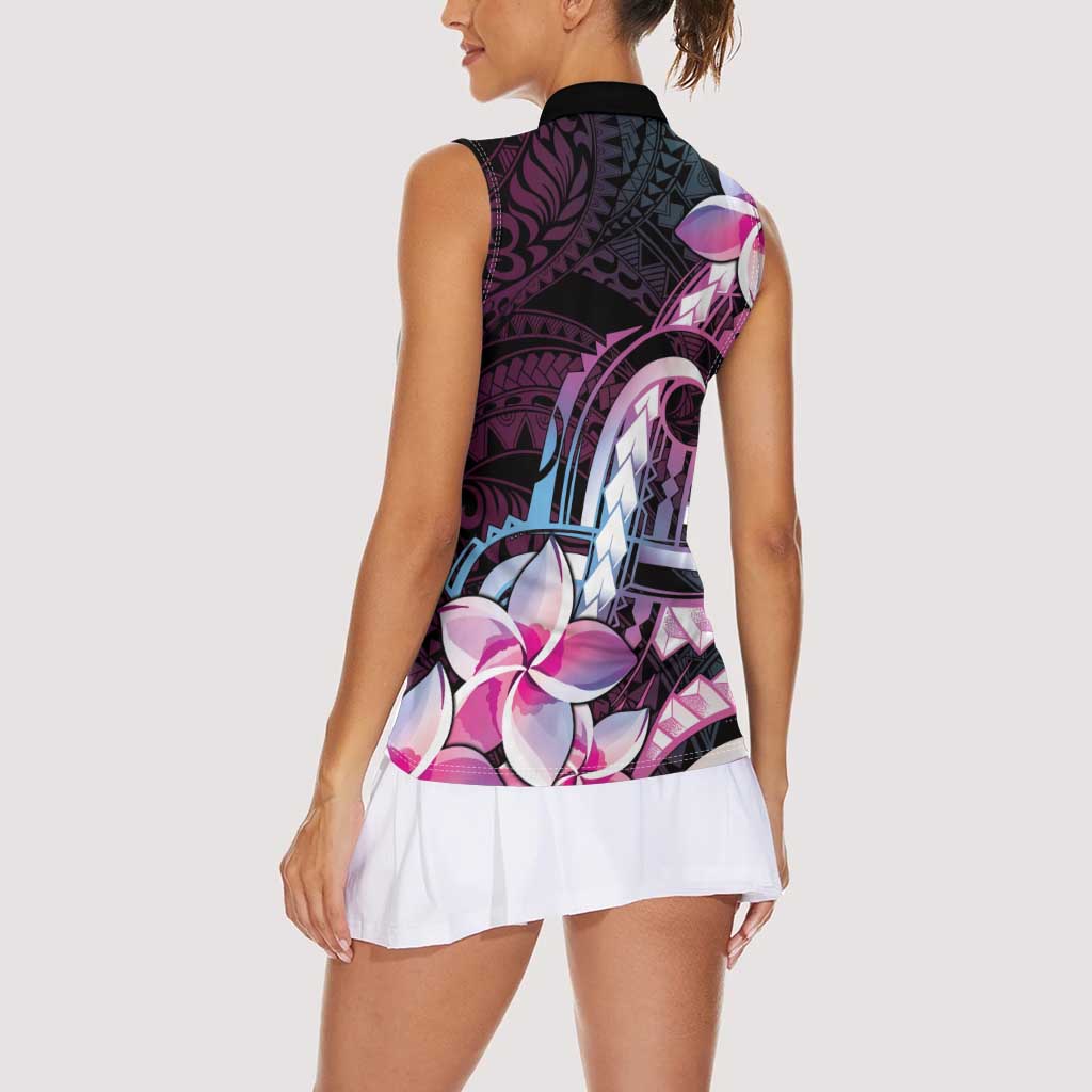 Polynesian Art Tattoo Women Sleeveless Polo Shirt Plumeria Flowers Pink Gradient
