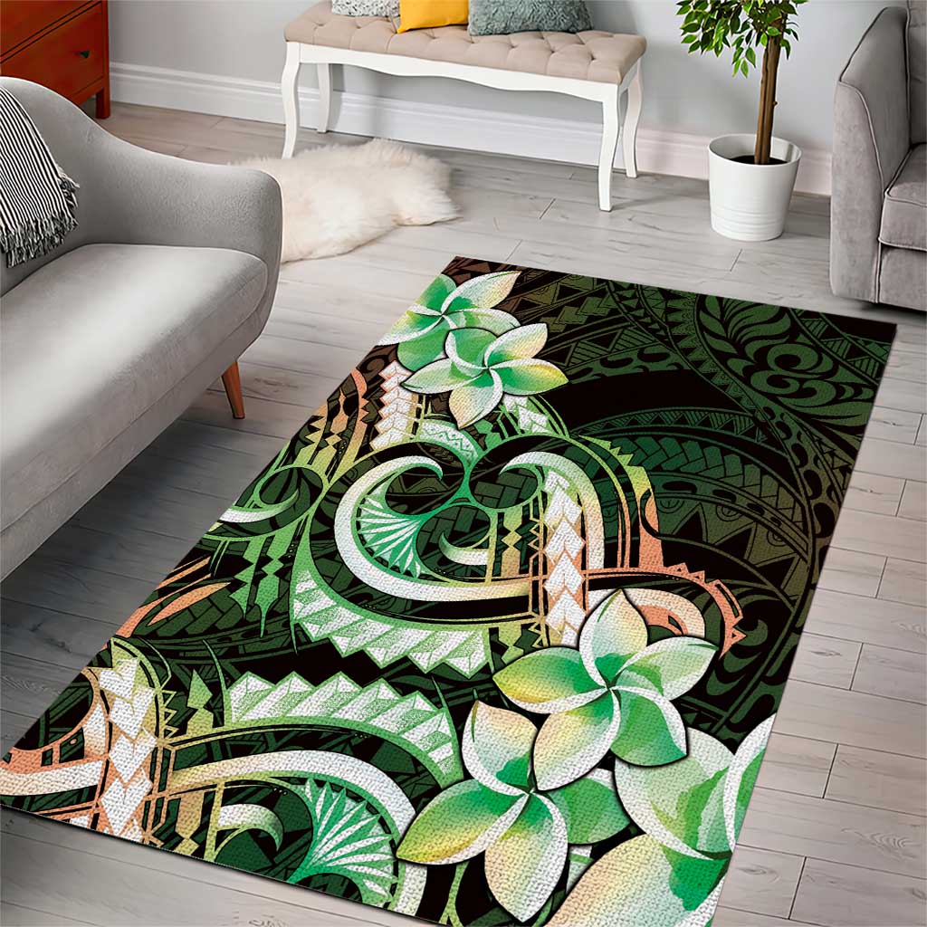 Polynesian Art Tattoo Area Rug Plumeria Flowers Green Gradient