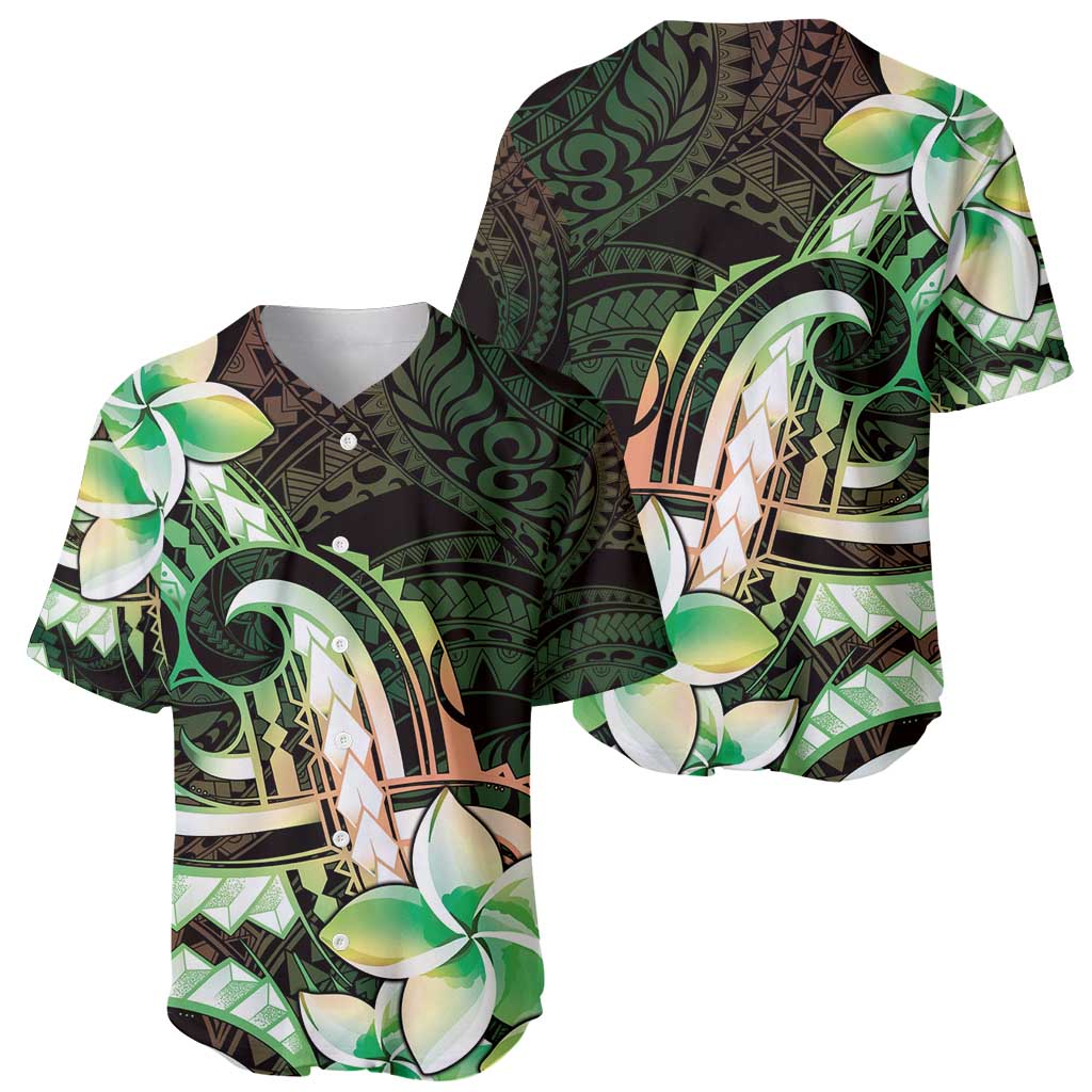 Polynesian Art Tattoo Baseball Jersey Plumeria Flowers Green Gradient