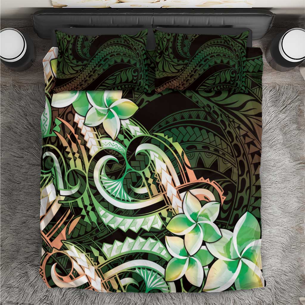 Polynesian Art Tattoo Bedding Set Plumeria Flowers Green Gradient LT05 Green - Polynesian Pride