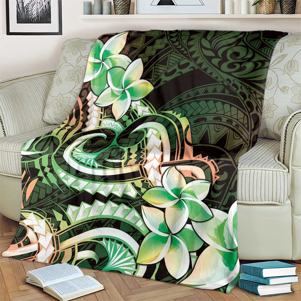Polynesian Art Tattoo Blanket Plumeria Flowers Green Gradient