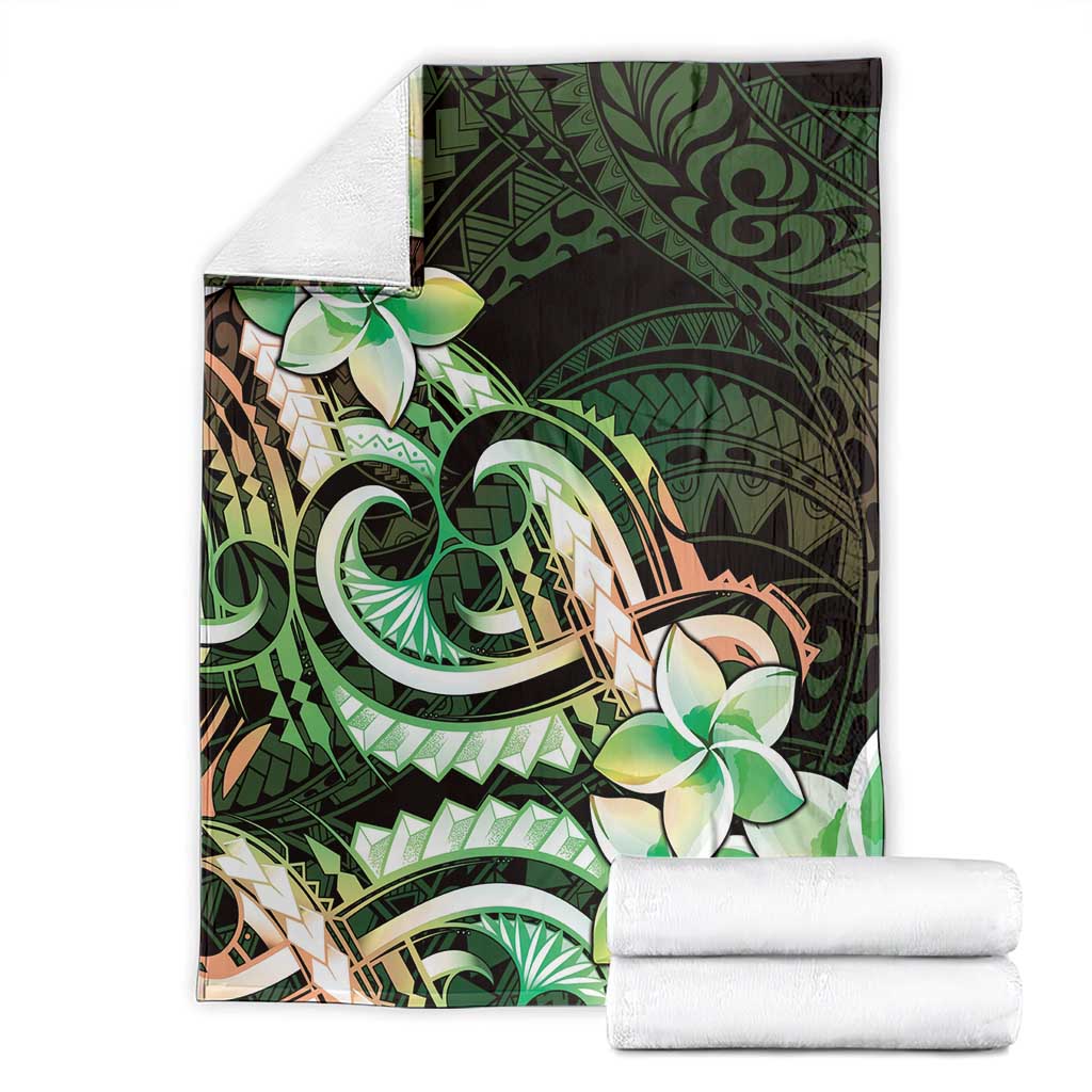 Polynesian Art Tattoo Blanket Plumeria Flowers Green Gradient
