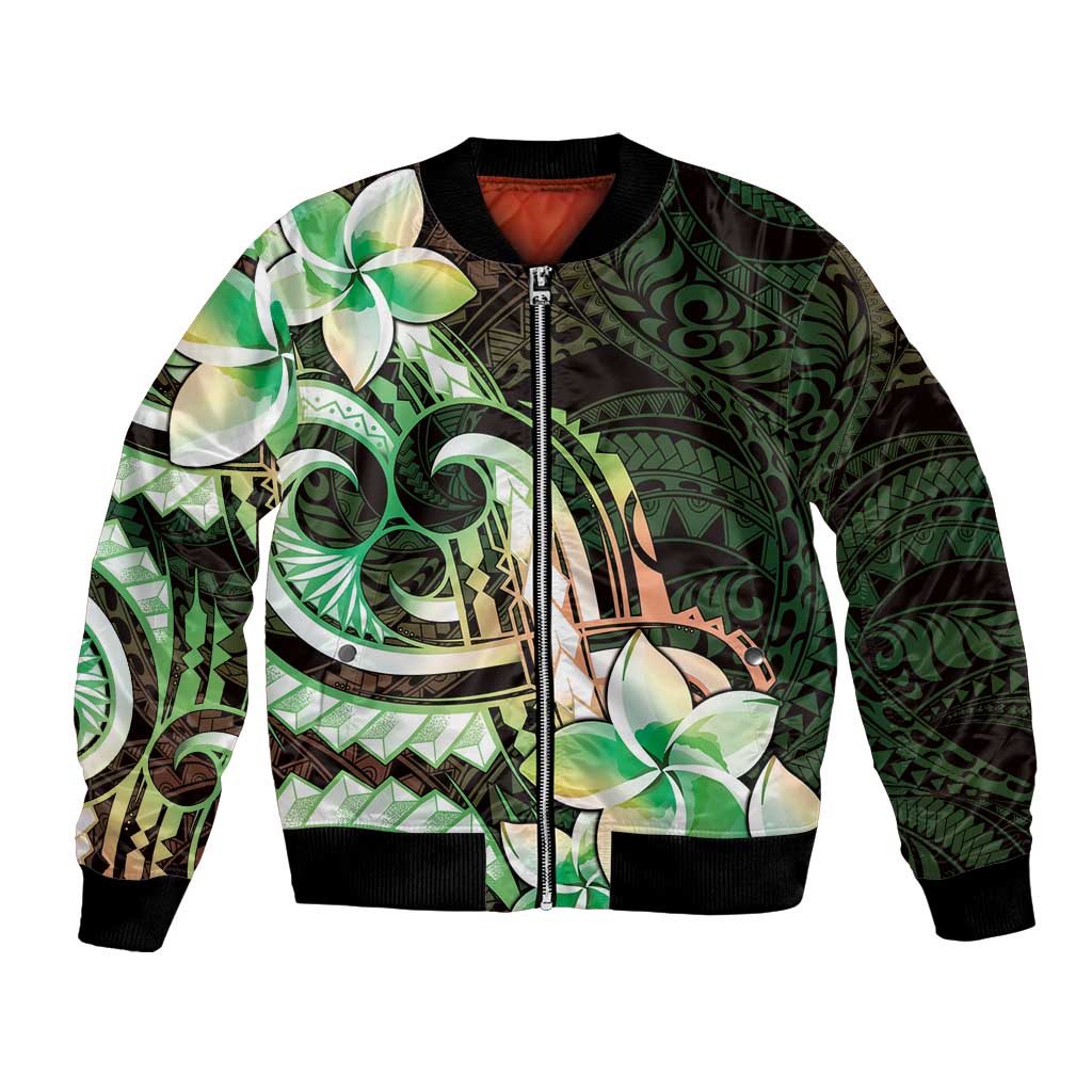 Polynesian Art Tattoo Bomber Jacket Plumeria Flowers Green Gradient LT05 Unisex Green - Polynesian Pride