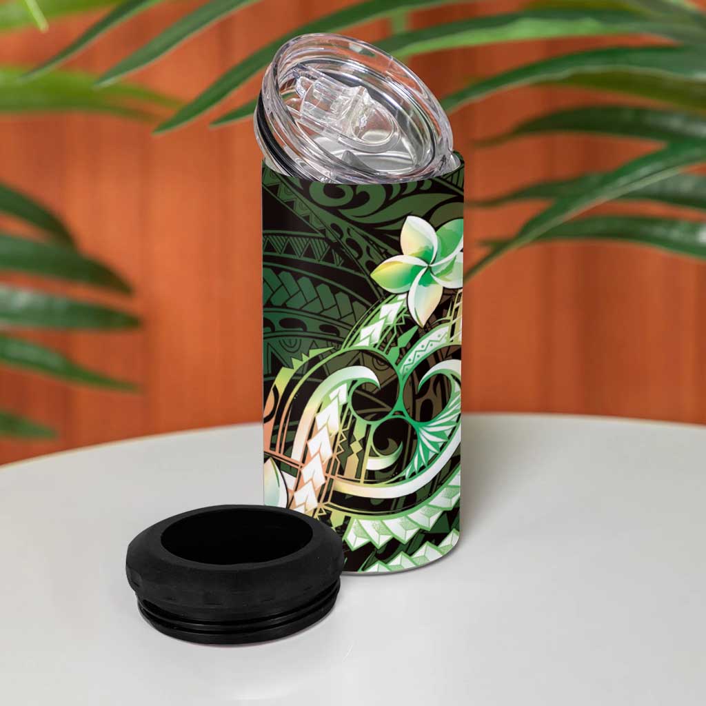 Polynesian Art Tattoo 4 in 1 Can Cooler Tumbler Plumeria Flowers Green Gradient
