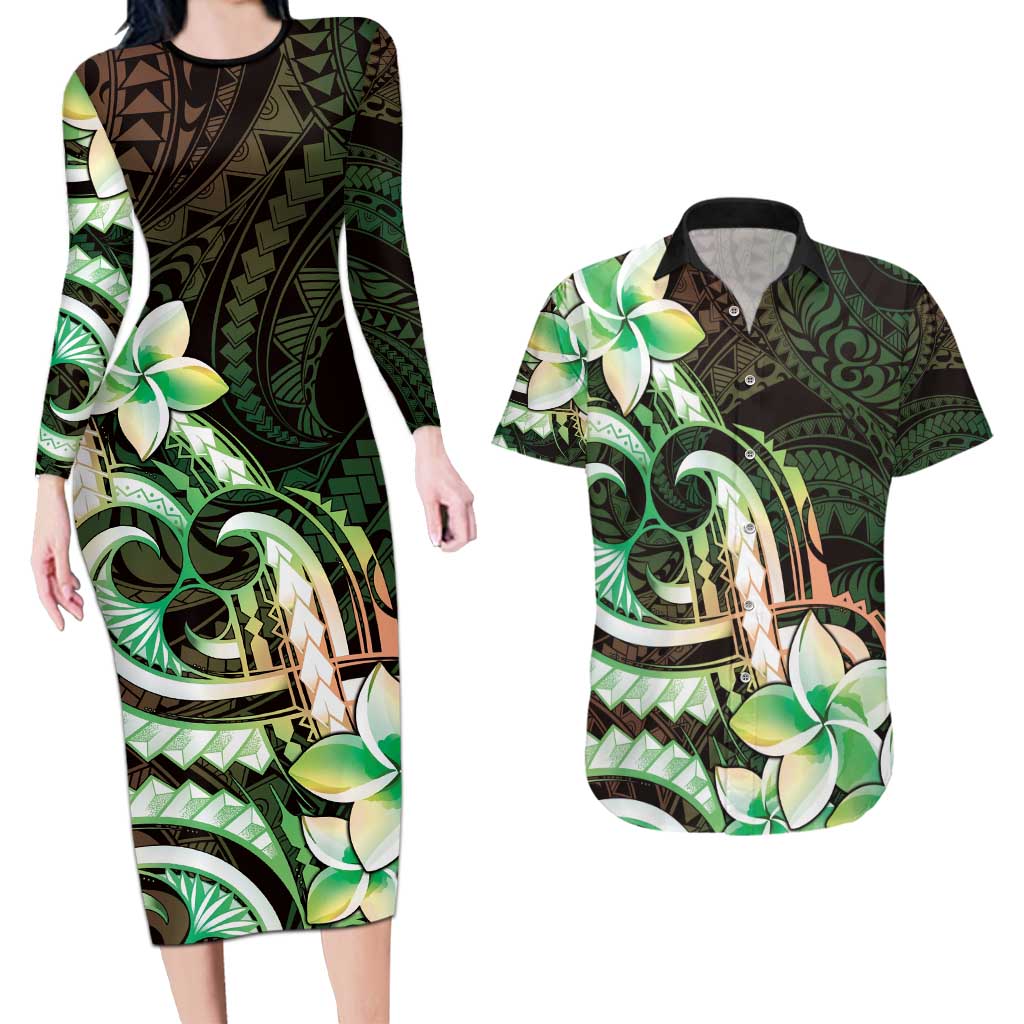 Polynesian Art Tattoo Couples Matching Long Sleeve Bodycon Dress and Hawaiian Shirt Plumeria Flowers Green Gradient
