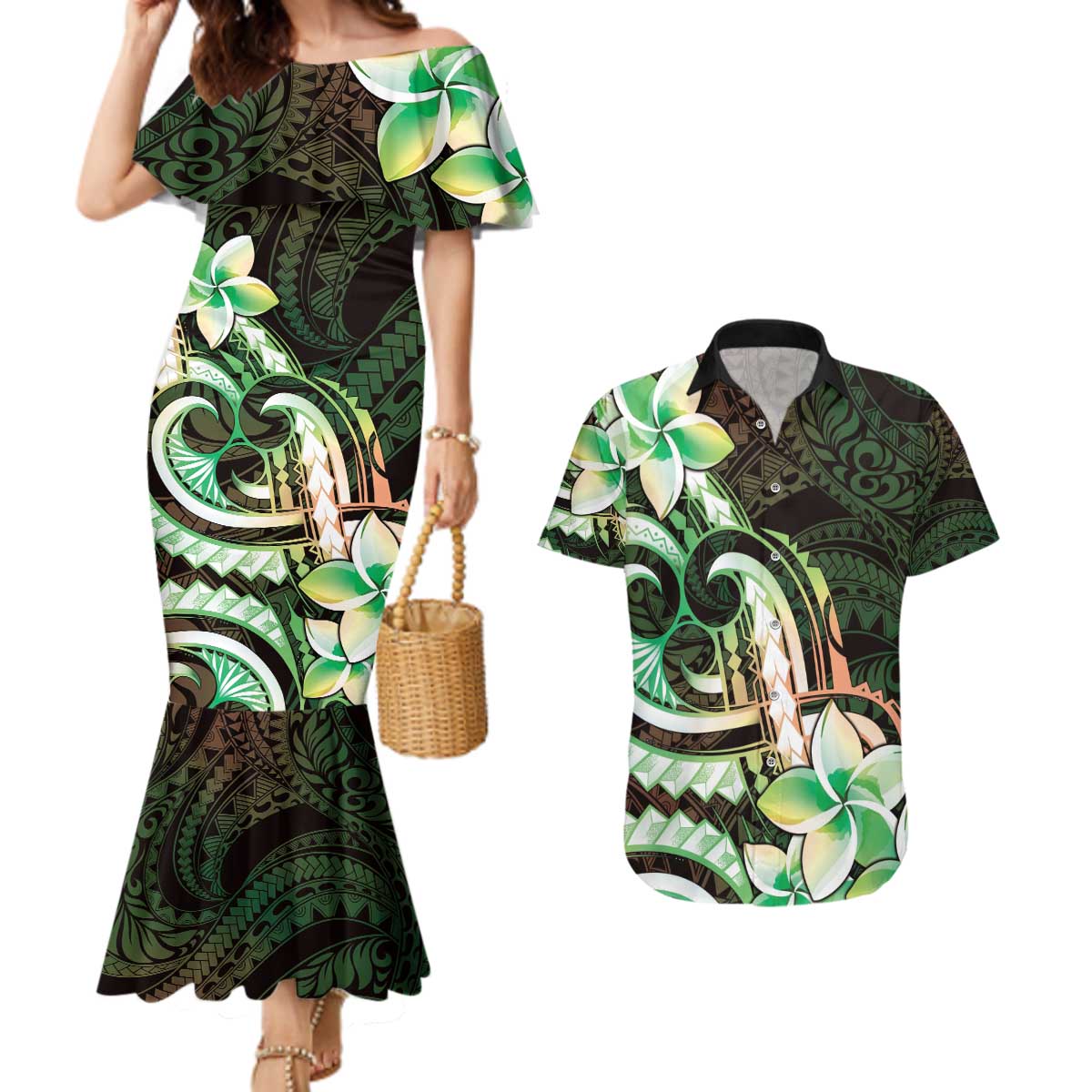 Polynesian Art Tattoo Couples Matching Mermaid Dress and Hawaiian Shirt Plumeria Flowers Green Gradient