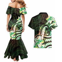 Polynesian Art Tattoo Couples Matching Mermaid Dress and Hawaiian Shirt Plumeria Flowers Green Gradient
