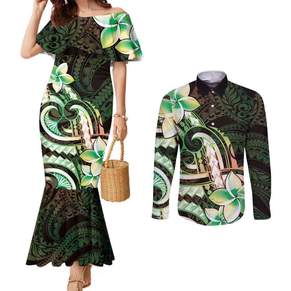 Polynesian Art Tattoo Couples Matching Mermaid Dress and Long Sleeve Button Shirt Plumeria Flowers Green Gradient