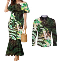 Polynesian Art Tattoo Couples Matching Mermaid Dress and Long Sleeve Button Shirt Plumeria Flowers Green Gradient