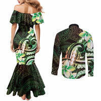 Polynesian Art Tattoo Couples Matching Mermaid Dress and Long Sleeve Button Shirt Plumeria Flowers Green Gradient