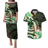Polynesian Art Tattoo Couples Matching Puletasi and Hawaiian Shirt Plumeria Flowers Green Gradient