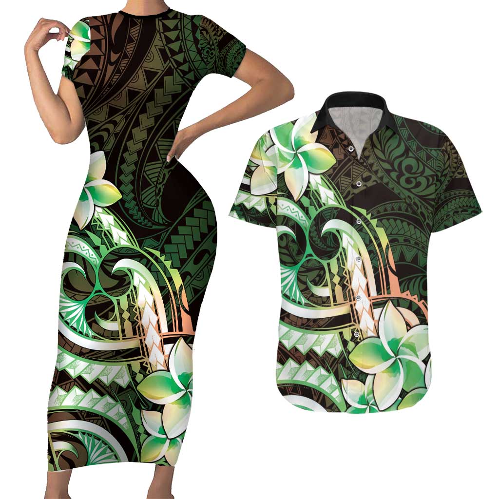 Polynesian Art Tattoo Couples Matching Short Sleeve Bodycon Dress and Hawaiian Shirt Plumeria Flowers Green Gradient