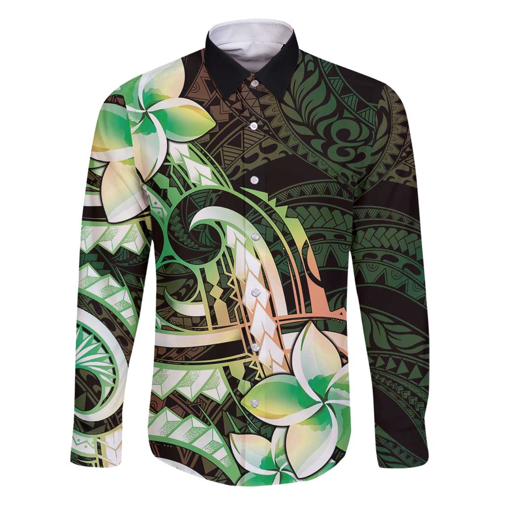 Polynesian Art Tattoo Family Matching Long Sleeve Bodycon Dress and Hawaiian Shirt Plumeria Flowers Green Gradient LT05 Dad's Shirt - Long Sleeve Green - Polynesian Pride