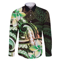 Polynesian Art Tattoo Family Matching Off The Shoulder Long Sleeve Dress and Hawaiian Shirt Plumeria Flowers Green Gradient LT05 Dad's Shirt - Long Sleeve Green - Polynesian Pride