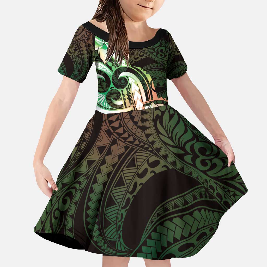 Polynesian Art Tattoo Family Matching Off Shoulder Maxi Dress and Hawaiian Shirt Plumeria Flowers Green Gradient