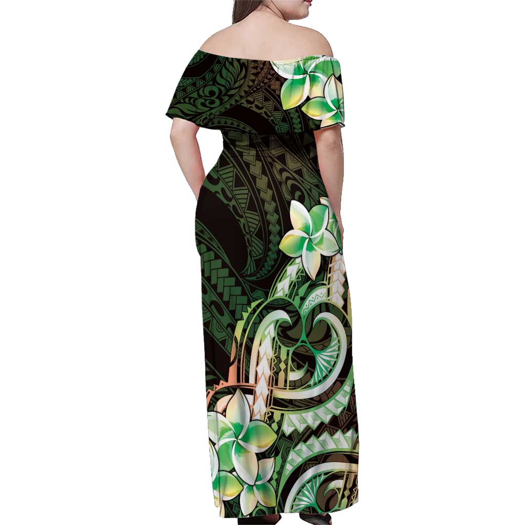Polynesian Art Tattoo Family Matching Off Shoulder Maxi Dress and Hawaiian Shirt Plumeria Flowers Green Gradient