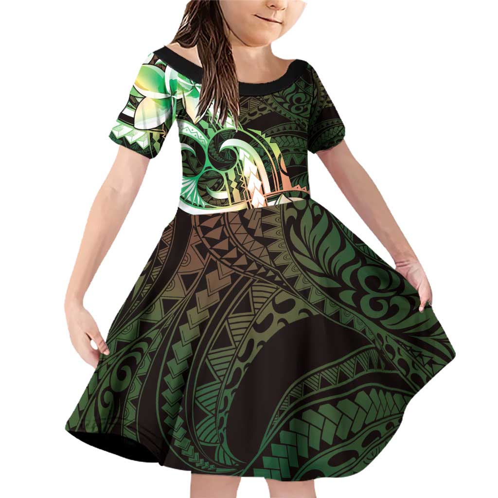Polynesian Art Tattoo Family Matching Off Shoulder Short Dress and Hawaiian Shirt Plumeria Flowers Green Gradient