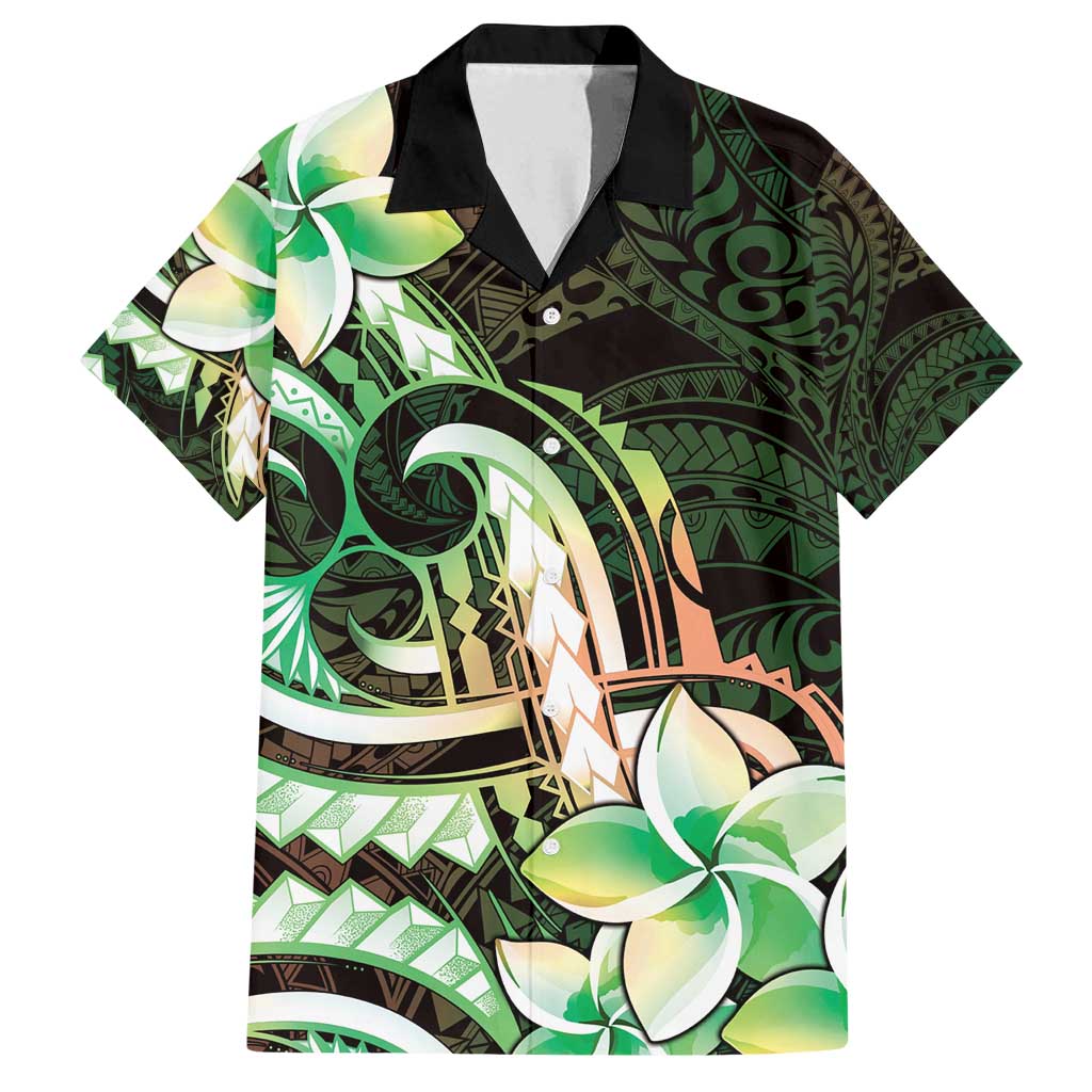 Polynesian Art Tattoo Family Matching Off Shoulder Short Dress and Hawaiian Shirt Plumeria Flowers Green Gradient