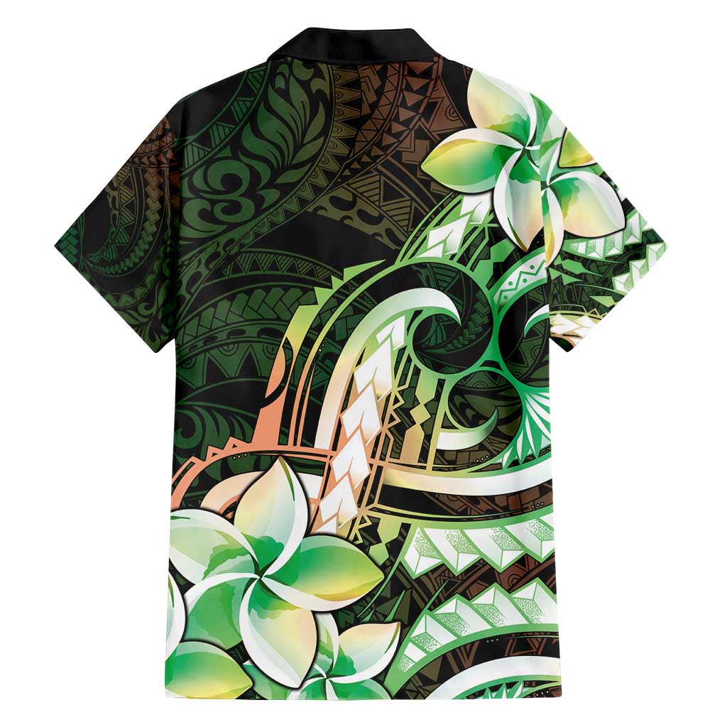 Polynesian Art Tattoo Family Matching Puletasi and Hawaiian Shirt Plumeria Flowers Green Gradient