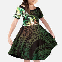 Polynesian Art Tattoo Family Matching Short Sleeve Bodycon Dress and Hawaiian Shirt Plumeria Flowers Green Gradient LT05 Daughter's Dress Green - Polynesian Pride