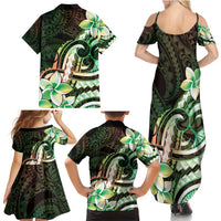 Polynesian Art Tattoo Family Matching Summer Maxi Dress and Hawaiian Shirt Plumeria Flowers Green Gradient
