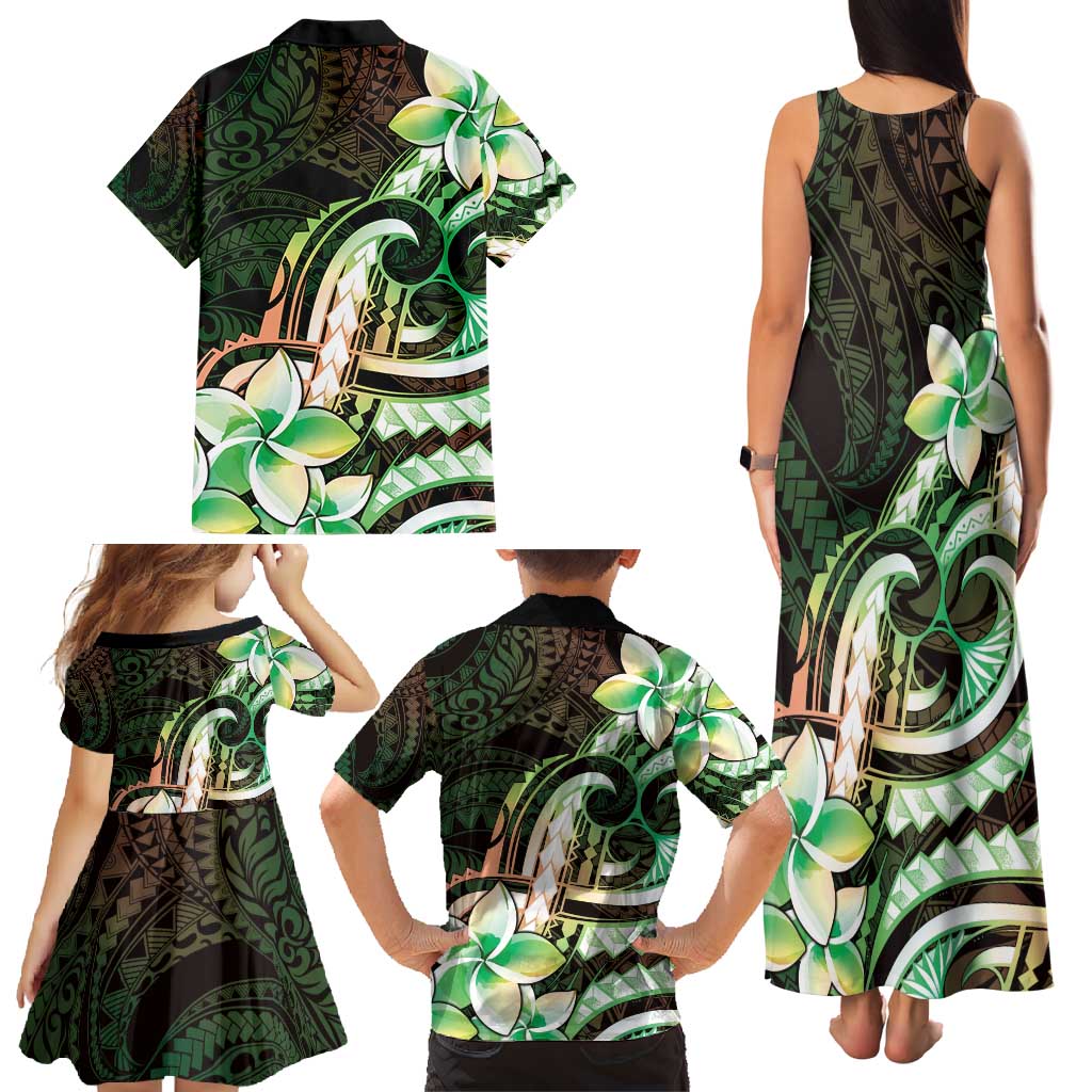 Polynesian Art Tattoo Family Matching Tank Maxi Dress and Hawaiian Shirt Plumeria Flowers Green Gradient
