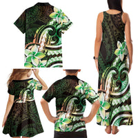 Polynesian Art Tattoo Family Matching Tank Maxi Dress and Hawaiian Shirt Plumeria Flowers Green Gradient
