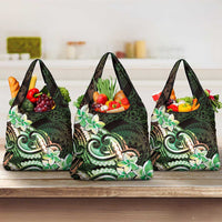 Polynesian Art Tattoo Grocery Bag Plumeria Flowers Green Gradient