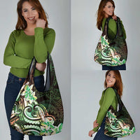 Polynesian Art Tattoo Grocery Bag Plumeria Flowers Green Gradient