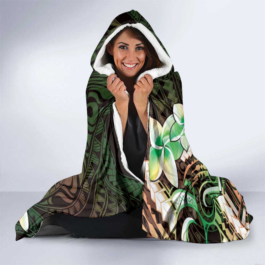 Polynesian Art Tattoo Hooded Blanket Plumeria Flowers Green Gradient