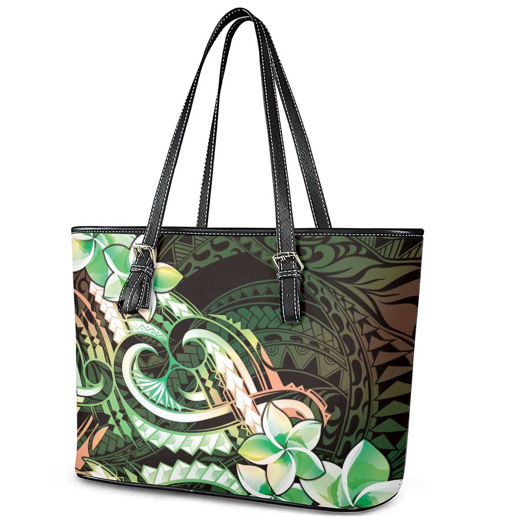 Polynesian Art Tattoo Leather Tote Bag Plumeria Flowers Green Gradient LT05 - Polynesian Pride