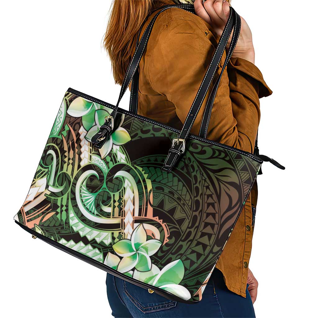 Polynesian Art Tattoo Leather Tote Bag Plumeria Flowers Green Gradient LT05 - Polynesian Pride