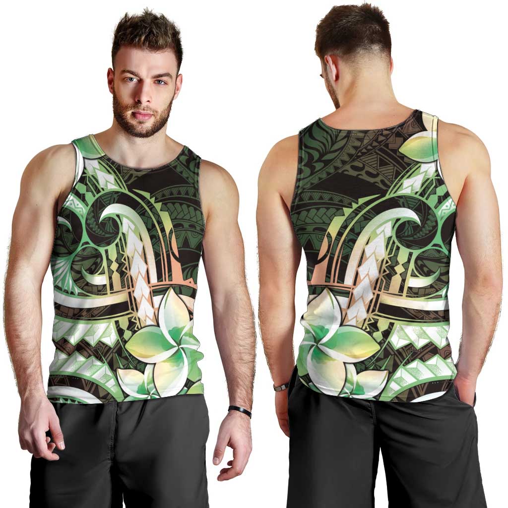 Polynesian Art Tattoo Men Tank Top Plumeria Flowers Green Gradient