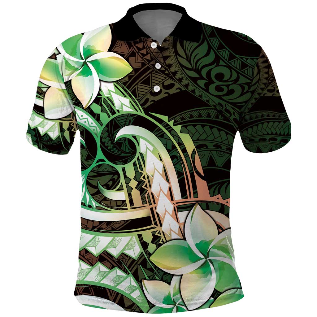Polynesian Art Tattoo Polo Shirt Plumeria Flowers Green Gradient