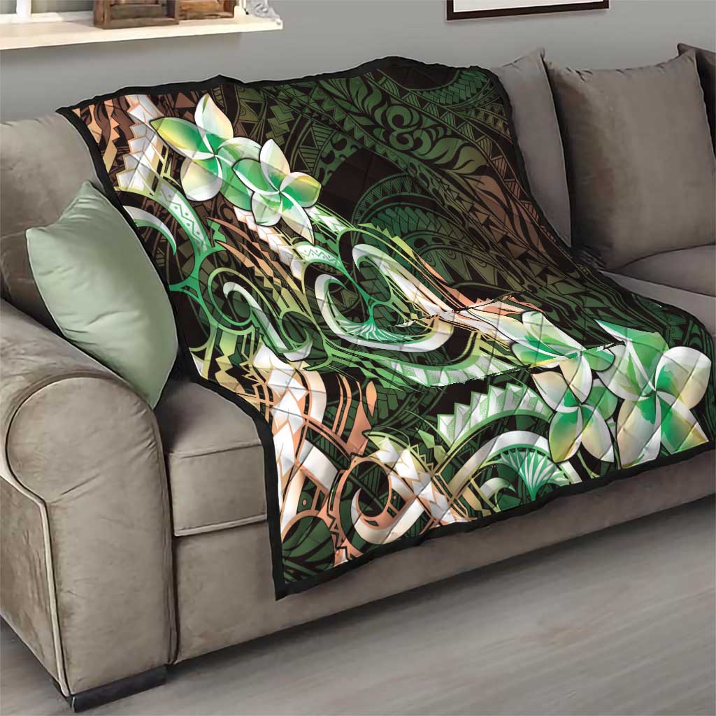 Polynesian Art Tattoo Quilt Plumeria Flowers Green Gradient