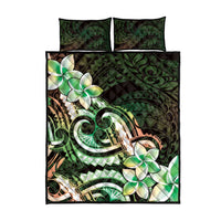 Polynesian Art Tattoo Quilt Bed Set Plumeria Flowers Green Gradient