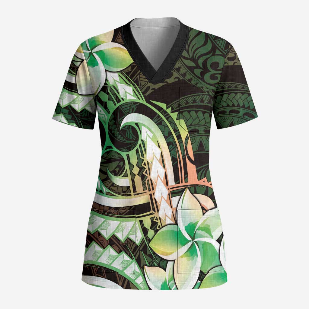 Polynesian Art Tattoo Scrub Top Plumeria Flowers Green Gradient - Polynesian Pride