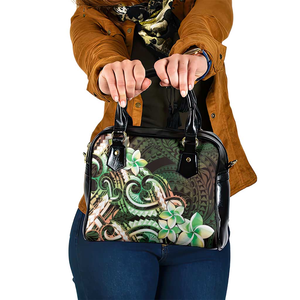 Polynesian Art Tattoo Shoulder Handbag Plumeria Flowers Green Gradient