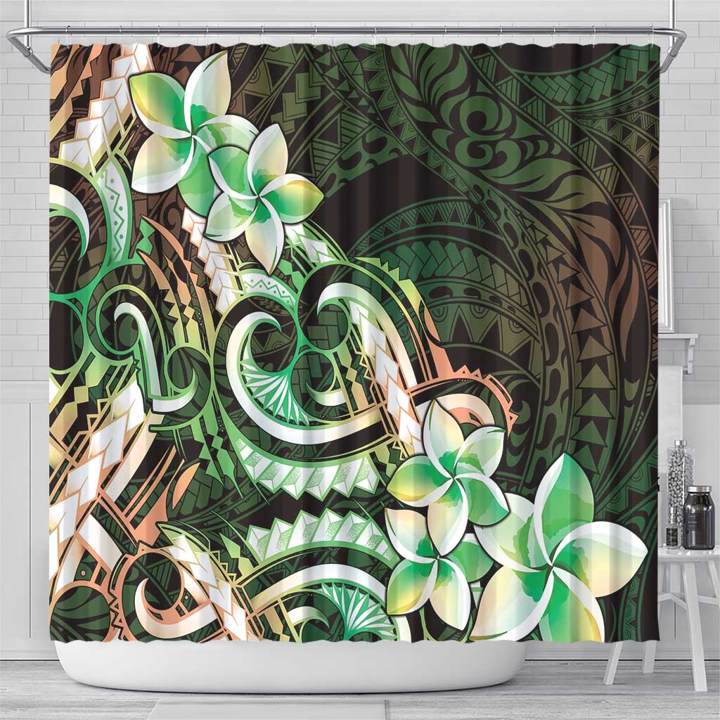 Polynesian Art Tattoo Shower Curtain Plumeria Flowers Green Gradient LT05 - Polynesian Pride
