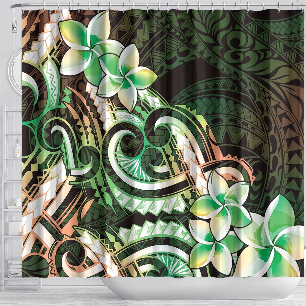 Polynesian Art Tattoo Shower Curtain Plumeria Flowers Green Gradient LT05 - Polynesian Pride